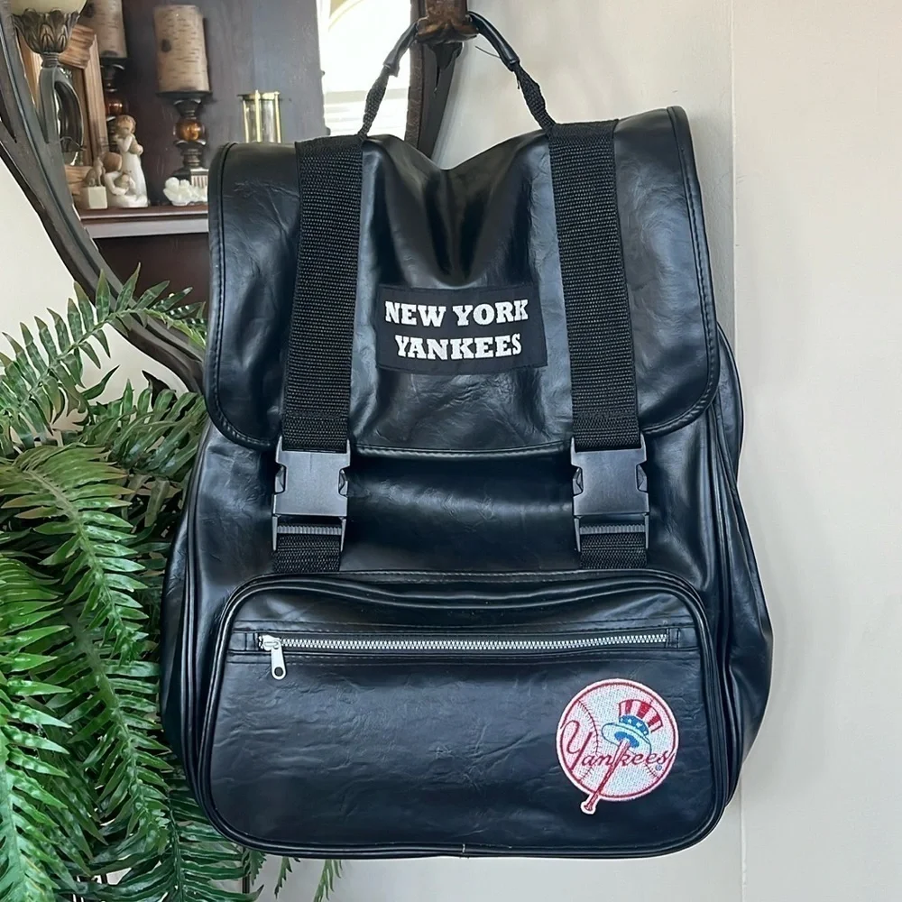 New York Yankees Black Vegan Leather Drawstring Backpack MLB Patch Baseball